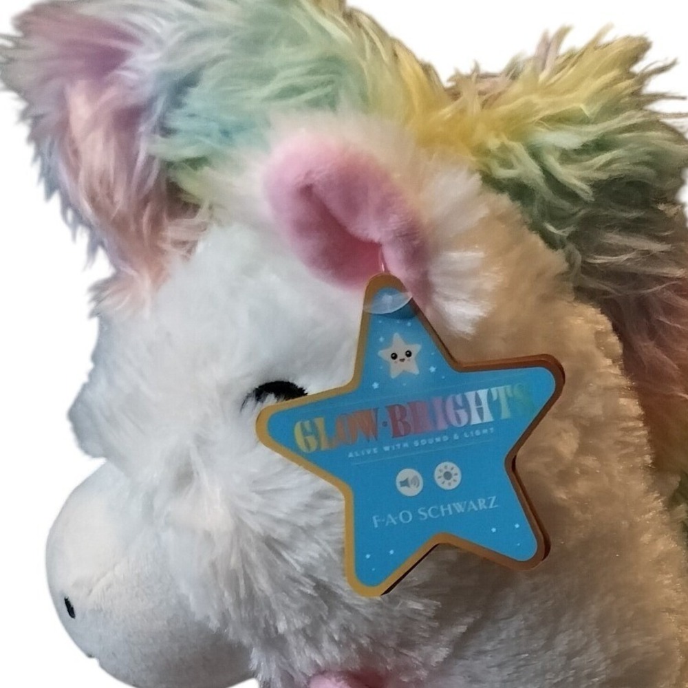 FAO Schwarz 16" Glow Brights Plush Unicorn Rainbow Mane Bow Lights Sounds NEW - Picture 6 of 9